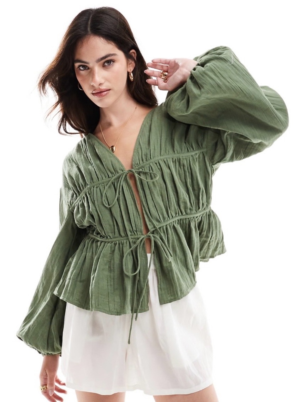 ASOS Design Olive Green Gauzy Textured Tie-Front Milk Maid Peasant Smock Top S